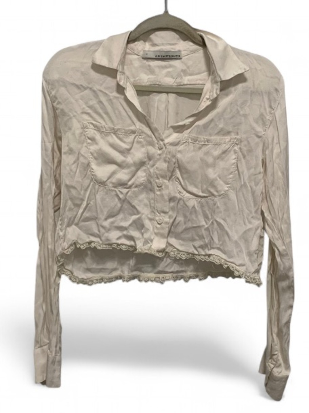 Stillwater White Button-Down Cropped Lace Hem Shirt